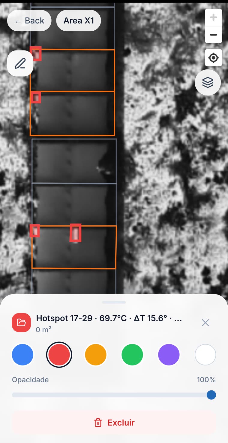 Tela do aplicativo aisol Maps no celular mostrando um hotspot selecionado com temperatura de 69,7 °C e delta de 15,6 °C sobre a ortoimagem térmica da usina